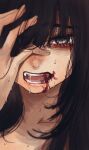 1girl black_hair blood blood_on_face fangs grey_eyes hair_over_one_eye hand_over_eye hand_up highres hoshi_san_3 long_hair looking_at_viewer nude one_eye_covered open_mouth original portrait solo sweat 