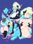  1boy absurdres aetherion apron ascot black_gloves black_legwear blush bulge covering covering_chest feather_duster gloves green_hair half_gloves highres huge_filesize lio_fotia maid maid_headdress male_focus multiple_views navel otoko_no_ko panties pink_panties promare short_hair thigh-highs thigh_strap underwear violet_eyes waist_apron 