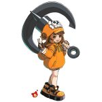  1girl anchor backpack bag brown_eyes brown_hair chibi guilty_gear guilty_gear_strive hat holding holding_weapon hood hoodie may_(guilty_gear) orange_headwear orange_hoodie shorts smile user_prde7227 weapon 