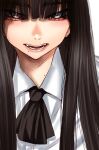  1girl :d ascot black_neckwear brown_hair collared_shirt fangs hair_over_eyes highres hoshi_san_3 long_hair looking_at_viewer mole mole_on_neck mole_under_eye mole_under_mouth open_mouth original shirt simple_background smile solo upper_body white_background white_shirt wing_collar 