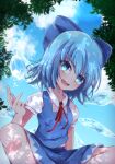  1girl blue_bow blue_hair blue_skirt blue_sky blue_theme blue_vest bow cirno clouds collared_shirt day eyebrows_visible_through_hair hair_bow head_tilt highres ice ice_wings looking_at_viewer neck_ribbon open_mouth puffy_short_sleeves puffy_sleeves red_neckwear red_ribbon ribbon shen_li shirt short_sleeves sitting skirt skirt_set sky solo symbol-only_commentary touhou tree vest white_shirt wings 