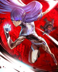  1boy absurdres androgynous armor bangs black_frost blue_hair bodysuit collarbone eyelashes gloves hat highres long_hair looking_at_viewer male_focus okojo protagonist_(smtv) purple_hair shin_megami_tensei shin_megami_tensei_v simple_background sword very_long_hair weapon yellow_eyes 