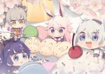  4girls :d aisurori animal_ears antenna_hair bangs benghuai_xueyuan blue_eyes bow bowtie bronya_zaychik bronya_zaychik_(wolf&#039;s_dawn) brown_jacket cherry chibi dango drill_hair earrings food food_focus food_on_face fox_ears fruit grey_eyes grey_hair hair_between_eyes hair_bow hair_ornament hairpin holding holding_food honkai_(series) honkai_impact_3rd jacket jewelry kiana_kaslana long_sleeves macaron multiple_girls no_mouth open_mouth pink_hair pudding purple_hair raiden_mei saliva school_uniform short_sleeves smile twin_drills violet_eyes wagashi white_hair yae_sakura yae_sakura_(gyakushinn_miko) 