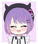  1girl :d ^_^ beret black_headwear black_neckwear blush_stickers bow bowtie chibi closed_eyes collared_shirt commentary english_commentary hair_ornament hairclip hat hololive kukie-nyan looking_at_viewer open_mouth pom_pom_(clothes) portrait purple_hair shirt short_hair smile solo tokoyami_towa twitter_username virtual_youtuber white_shirt 
