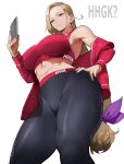  1girl absurdres bangs bare_shoulders blonde_hair breasts cellphone forehead grey_eyes highres large_breasts long_hair long_sleeves mole mole_under_mouth navel original pants parted_bangs phone ponytail revision solo sports_bra thighs yoga_pants yoshio_(55level) 