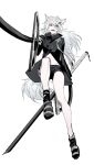  1girl animal_ears arknights bare_legs black_footwear black_jacket chinese_commentary commentary_request fangs foreshortening full_body grey_eyes hair_ornament hairclip highres holding holding_sword holding_weapon jacket lappland_(arknights) long_hair long_sleeves midriff open_mouth oripathy_lesion_(arknights) pointing_weapon shoes simple_background solo sword tail upper_teeth weapon white_background white_hair wolf_ears wolf_girl wolf_tail xiandao1213 