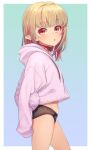  1girl :/ arms_behind_back black_panties blush border bow bow_panties collar cowboy_shot drawstring eyebrows_visible_through_hair grey_hair hair_down highres hood hood_down hoodie long_hair looking_at_viewer makaino_ririmu multicolored_hair navel nijisanji no_pants panties pink_hair pink_hoodie pointy_ears red_collar red_eyes sabamen simple_background sleeves_past_fingers sleeves_past_wrists solo streaked_hair two-tone_hair underwear virtual_youtuber white_border 