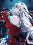  1girl a/k arknights bare_shoulders blue_gloves commentary dress from_behind gloves highres long_hair long_sleeves looking_at_viewer looking_back no_hat no_headwear off-shoulder_dress off_shoulder parted_lips red_dress red_eyes silver_hair skadi_(arknights) skadi_the_corrupting_heart_(arknights) solo upper_body very_long_hair 