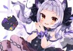  1girl :d absurdres animal_ears bangs black_dress blunt_bangs blush bow brown_eyes cat_ears commentary_request dress eyebrows_visible_through_hair fox hair_bow hair_ribbon hands_together highres hololive huge_filesize long_hair looking_at_viewer murasaki_shion noi_mine open_mouth ribbon shiokko_(murasaki_shion) sidelocks silver_hair simple_background smile tiara twintails virtual_youtuber younger 