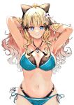  1girl bangs bikini black_bow blonde_hair blue_eyes blush bow breasts elf eyebrows_visible_through_hair hair_bow hair_ornament keinesandayoooo large_breasts long_hair looking_at_viewer pointy_ears princess_connect! saren_(princess_connect!) simple_background solo swimsuit white_background 