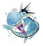  absurdres acrylic_paint_(medium) artist_name blue_eyes commentary_request eating food gen_1_pokemon gen_3_pokemon highres holding ice_cream ice_cream_cone licking no_humans number pokemon pokemon_(creature) shiny star_(symbol) susutouka traditional_media vaporeon wet white_background wingull 