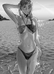  1girl aircraft airplane b1tchespeaches bikini braid breasts chainsaw_man greyscale looking_at_viewer makima_(chainsaw_man) monochrome navel ocean ringed_eyes swimsuit water wet 