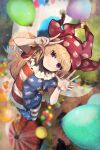  1girl absurdres american_flag_dress american_flag_legwear balloon blonde_hair blurry blurry_background clownpiece double_v fairy_wings full_body hat highres jester_cap kurowa_(curowa) long_hair looking_at_viewer neck_ruff pantyhose polka_dot purple_headwear short_sleeves smile solo star_(symbol) star_print striped touhou transparent_wings v very_long_hair violet_eyes wings 