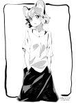  1girl absurdres animal_ears border casual closed_mouth dated greyscale hands_in_pockets highres looking_at_viewer monochrome mouse_ears nazrin reiga_(act000) short_hair short_sleeves signature simple_background skirt solo touhou white_background white_border 