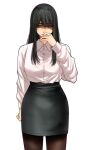  1girl arm_at_side black_hair bralines brown_legwear closed_mouth collared_shirt covering_mouth cowboy_shot hand_over_own_mouth hand_up high-waist_skirt highres hoshi_san_3 long_hair long_sleeves looking_at_viewer miniskirt mole mole_under_eye mole_under_mouth office_lady original pantyhose shaded_face shirt simple_background skirt solo white_background white_shirt wing_collar 