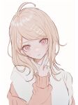  1girl absurdres ahoge akamatsu_kaede bangs blush dangan_ronpa_(series) dangan_ronpa_v3:_killing_harmony eyebrows_visible_through_hair grey_shirt hair_ornament hand_up highres long_hair long_sleeves looking_at_viewer musical_note_hair_ornament nokoru_sora parted_lips shirt simple_background sleeves_past_wrists solo sweater upper_body v white_background 