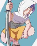  1girl hentaiscientist hood katana no_eyes original self_upload simple_background skirt solo squatting sword weapon yellow_skirt 