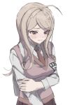  1girl ahoge akamatsu_kaede bangs blush breasts brown_neckwear closed_mouth collared_shirt commentary_request dangan_ronpa_(series) dangan_ronpa_v3:_killing_harmony eyebrows_visible_through_hair hair_ornament hand_on_own_arm large_breasts long_hair long_sleeves musical_note musical_note_hair_ornament necktie pleated_skirt school_uniform shirt simple_background skirt solo tearing_up upper_body usirome violet_eyes white_background white_shirt 