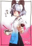  1girl absurdres animal_ears apron black_skirt bowl chocolate_on_fingers cooking dated foreshortening from_side grey_hair halftone highres holding holding_bowl long_sleeves looking_at_viewer looking_to_the_side mouse_ears mouse_tail nazrin notice_lines open_mouth parted_lips red_eyes reiga_(act000) shirt short_hair skirt solo standing tail touhou translation_request upper_teeth white_apron white_shirt 