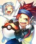  1boy 1girl arms_up bangs blue_hairband blue_pants blurry blush brother_and_sister dress gloves green_eyes hairband holding holding_poke_ball jacket jovi_(pokemon) long_sleeves michael_(pokemon) one_eye_closed open_mouth pants poke_ball poke_ball_(basic) pokemon pokemon_(game) pokemon_xd redhead sekka_koyori shoulder_pads siblings sleeveless sleeveless_jacket smile spiky_hair teeth tongue white_dress yellow_jacket 