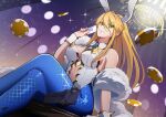  1girl animal_ears artoria_pendragon_(fate) artoria_pendragon_(swimsuit_ruler)_(fate) bangs bare_shoulders blonde_hair blue_legwear blue_neckwear breasts card chandelier clothing_cutout coin crossed_legs detached_collar edenciart eyebrows_visible_through_hair fake_animal_ears fate/grand_order fate_(series) feather_boa fishnet_legwear fishnets from_below green_eyes hair_between_eyes high_ponytail holding holding_card holster large_breasts leotard long_hair looking_ahead navel_cutout necktie pantyhose playboy_bunny playing_card rabbit_ears short_necktie sidelocks sitting sitting_on_table solo thigh_holster white_leotard wrist_cuffs 
