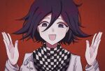  1boy :d bangs black_neckwear blush checkered checkered_neckwear checkered_scarf commentary_request dangan_ronpa_(series) dangan_ronpa_v3:_killing_harmony grey_jacket hair_between_eyes hands_up highres jacket long_sleeves looking_at_viewer male_focus nk_(dzzx8334) open_mouth ouma_kokichi portrait purple_hair red_background scarf simple_background smile solo upper_body upper_teeth violet_eyes white_neckwear 