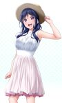  1girl :d arm_up bangs bare_arms blue_hair blush breasts clenched_hands dress eyebrows_visible_through_hair frills gradient gradient_background hat highres long_hair looking_at_viewer love_live! love_live!_sunshine!! matsuura_kanan medium_breasts nail_polish open_mouth polka_dot polka_dot_background sleeveless sleeveless_dress smile solo sun_hat sundress upper_teeth violet_eyes white_dress yopparai_oni 