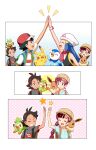  2boys 2girls arm_up ash_ketchum bangs bare_arms baseball_cap black_hair blue_dress blue_eyes blue_jacket blue_shirt blush brown_headwear bubble chloe_(pokemon) clenched_hands commentary_request crescent crescent_hair_ornament hikari_(pokemon) dress eevee eyelashes gen_1_pokemon gen_4_pokemon gen_8_pokemon gloves goh_(pokemon) green_eyes grey_shirt grookey hair_ornament hands_together haruhi_(xy161027z) hat high_five highres jacket long_hair multiple_boys multiple_girls number open_mouth pikachu piplup pokemon pokemon_(anime) pokemon_swsh_(anime) red_headwear shirt smile sparkle steepled_fingers t-shirt tongue upper_teeth white_shirt 