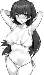  1girl armpits arms_behind_head arms_up bangs bare_arms bare_shoulders bikini blush breasts breasts_apart collarbone cowboy_shot eyebrows_visible_through_hair greyscale hotate-chan idolmaster idolmaster_shiny_colors large_breasts long_hair looking_at_viewer mayuzumi_fuyuko monochrome navel nose_blush open_mouth raised_eyebrow side-tie_bikini simple_background sketch solo standing stomach string_bikini sweat swimsuit two_side_up under_boob very_long_hair white_background 