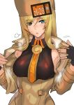  1girl ashiomi_masato blonde_hair blue_eyes breasts fingerless_gloves gloves guilty_gear guilty_gear_strive hat long_hair looking_at_viewer millia_rage simple_background solo white_background 