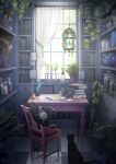  bird birdcage black_cat blue_bird book book_stack bookshelf bottle cage cat chair checkered checkered_floor cork curtains hanging hat highres hourglass jar lantern lizard mortar no_humans original pestle plant potted_plant sachi_(yumemayoi) scenery staff table test_tube window witch_hat 