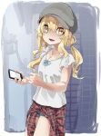  1girl :d absurdres blonde_hair blue_bow border bow cellphone clothes_around_waist copyright_request cowboy_shot grey_shorts hair_between_eyes hat highres holding holding_phone jacket jacket_around_waist looking_at_viewer low_twintails open_mouth phone reiga_(act000) shirt short_shorts short_sleeves shorts smartphone smile solo standing twintails white_border white_shirt yellow_eyes 
