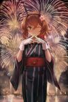  1girl alternate_costume blue_kimono breasts brown_hair festival fireworks flower gloves green_eyes hair_between_eyes hair_flower hair_ornament hairband headgear highres japanese_clothes kantai_collection kimono large_breasts looking_at_viewer mutsu_(kancolle) night night_sky obi one_eye_closed radio_antenna sash scenery short_hair sky toka_(marchlizard) white_gloves yukata 