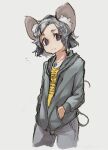  1girl absurdres animal_ears bright_pupils casual closed_mouth contemporary cowboy_shot grey_background grey_hair grey_jacket grey_pants hands_in_pockets highres hood hood_down hooded_jacket jacket jewelry looking_at_viewer mouse_ears mouse_tail nazrin necklace notice_lines pants red_eyes reiga_(act000) short_hair simple_background solo tail touhou white_pupils 