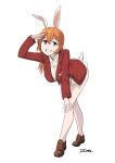  absurdres animal_ears bent_over blue_eyes charlotte_e._yeager dragoncastle eyebrows_visible_through_hair grey_background highres jacket looking_at_viewer orange_hair rabbit_ears rabbit_girl rabbit_tail red_jacket salute shirt strike_witches tail white_shirt world_witches_series 