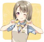  1girl :q asymmetrical_hair bob_cut brown_hair collared_shirt crescent crescent_hair_ornament grey_hair hair_ornament hairclip love_live! love_live!_nijigasaki_high_school_idol_club multiple_views nakasu_kasumi neck_ribbon nijigasaki_academy_uniform nonono pointing pointing_at_self red_eyes ribbon shirt short_hair short_sleeves solo summer_uniform sweater_vest tongue tongue_out vest white_shirt white_vest yellow_neckwear 