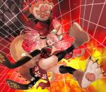  1girl animal_ears animal_hands bell checkered checkered_background detached_sleeves fangs fate/grand_order fate_(series) fox_ears fox_tail gloves highres neck_bell nishiide_kengorou paw_gloves paw_shoes pink_hair ponytail shoes tail tamamo_(fate) tamamo_cat_(fate) thigh-highs thighs yellow_eyes 