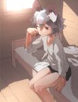  1girl absurdres animal_ears bare_legs bright_pupils brown_eyes closed_mouth grey_hair grey_shirt highres indoors legs_together long_sleeves mouse_ears nazrin on_bed one_eye_closed reiga_(act000) shirt short_hair sitting solo touhou waking_up white_pupils wiping_face 