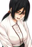  1girl black_hair black_skirt bralines breasts collared_shirt grey_eyes hair_between_eyes highres hoshi_san_3 lanyard large_breasts long_hair long_sleeves looking_at_viewer mole mole_under_eye mole_under_mouth office_lady open_mouth original ponytail shirt simple_background skirt solo white_background wing_collar 