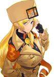  1girl ashiomi_masato blonde_hair blue_eyes breasts closed_mouth guilty_gear looking_at_viewer millia_rage simple_background smile solo white_background 