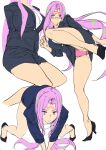  1girl ashiomi_masato breasts closed_mouth facial_mark fate/grand_order fate/stay_night fate_(series) forehead_mark formal glasses legs long_hair looking_at_viewer medusa_(fate) medusa_(rider)_(fate) panties pink_panties purple_hair simple_background skirt solo suit underwear very_long_hair violet_eyes white_background 
