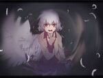  1girl bright_pupils brown_jacket cowboy_shot dress grey_background hand_up highres jacket kishin_sagume letterboxed long_sleeves looking_at_viewer medium_hair open_mouth red_dress red_eyes reiga_(act000) sanpaku single_wing solo standing touhou white_pupils wings 