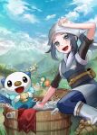  1girl :d akari_(pokemon) black_hair brown_footwear bubble clouds cyndaquil day eyelashes fire grass grey_eyes head_scarf highres long_hair mountain open_mouth oshawott outdoors pokemon pokemon_(creature) pokemon_(game) pokemon_legends:_arceus ponytail red_scarf rowlet sash scarf scarf_removed setta_shu shoes sidelocks sky sleeves_rolled_up smile socks starter_pokemon_trio teeth tongue tree upper_teeth washtub water white_headwear white_legwear 