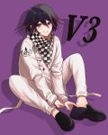  1boy bangs black_footwear black_hair buttons checkered checkered_neckwear checkered_scarf commentary_request dangan_ronpa_(series) dangan_ronpa_v3:_killing_harmony double-breasted eyebrows_visible_through_hair full_body grin hair_between_eyes highres jacket knees_up long_sleeves looking_at_viewer male_focus ouma_kokichi pants poihull purple_background purple_hair scarf shoes simple_background sitting smile solo straitjacket teeth violet_eyes white_jacket 