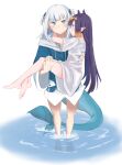  2girls aoi_(aoisaka) bangs blue_eyes blue_hair blunt_bangs carrying fish_tail gawr_gura hair_ornament highres hololive hololive_english long_hair medium_hair multicolored_hair multiple_girls ninomae_ina&#039;nis pointy_ears princess_carry purple_hair shark_girl shark_hair_ornament shark_tail silver_hair streaked_hair tail tentacle_hair virtual_youtuber wading 