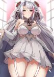  &gt;_&lt; 1girl absurdres antenna_hair azur_lane bangs blurry blurry_background blush breasts bridal_veil brown_eyes closed_eyes closed_mouth commentary_request depth_of_field dress eyebrows_visible_through_hair folding_fan from_below garter_straps grey_hair hair_between_eyes hand_fan headgear highres huge_filesize indoors large_breasts long_hair looking_at_viewer looking_down mole mole_on_breast moyoron multicolored_hair official_alternate_costume panties prinz_eugen_(azur_lane) prinz_eugen_(symphonic_fate)_(azur_lane) redhead see-through sketch smile streaked_hair thigh-highs underwear veil very_long_hair wedding_dress white_dress white_legwear white_panties window 