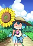  1girl blue_bow blue_dress bow cirno closed_eyes clouds commentary_request dress field flower hair_bow hat highres light_blue_hair mountain moyazou_(kitaguni_moyashi_seizoujo) outdoors power_lines short_hair sleeveless smile solo sun_hat sunflower touhou utility_pole 