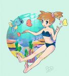  1girl air_bubble alternate_color bangs bare_arms barefoot blush bo9_(bo9_nc) bubble collarbone dated eyelashes full_body gen_1_pokemon gen_3_pokemon horsea index_finger_raised knees light_beam luvdisc misty_(pokemon) navel one_side_up open_mouth orange_hair pokemon pokemon_(creature) pokemon_(game) pokemon_rgby shiny_pokemon smile soles star_(symbol) swimsuit symbol-only_commentary tied_hair toes underwater 
