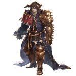  1boy arm_guards armor brown_eyes brown_hair cape draph facial_hair gauntlets geisenborger granblue_fantasy horns jewelry long_sleeves looking_at_viewer male_focus necklace official_art pendant rope single_sleeve solo star_(symbol) 