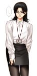  ... 1girl black_hair black_skirt brown_legwear closed_mouth collared_shirt glasses grey_eyes highres hoshi_san_3 id_card lanyard long_sleeves looking_at_viewer medium_hair miniskirt mole mole_under_eye mole_under_mouth office_lady original pantyhose pencil_skirt round_eyewear shirt simple_background skirt solo spoken_ellipsis standing white_background white_shirt wing_collar 